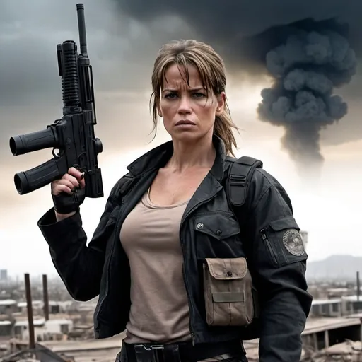 Prompt: Sarah Connor, the relentless warrior and protector of humanity, stands in a deserted, post-apocalyptic cityscape. Her face is hardened with determination, and her eyes scan the horizon for any signs of threat. Dressed in tactical gear, she grips a high-tech, modified rifle, its barrel still smoking from a recent encounter with a Terminator. Behind her, a group of survivors looks to her for guidance, trusting her experience and resolve. The sky above is a mix of ominous clouds and distant flashes of battle, but Sarah remains unfazed. In this moment, she embodies the spirit of resistance, a fierce guardian of the future, ready to take on any challenge to protect her son and the fate of humanity