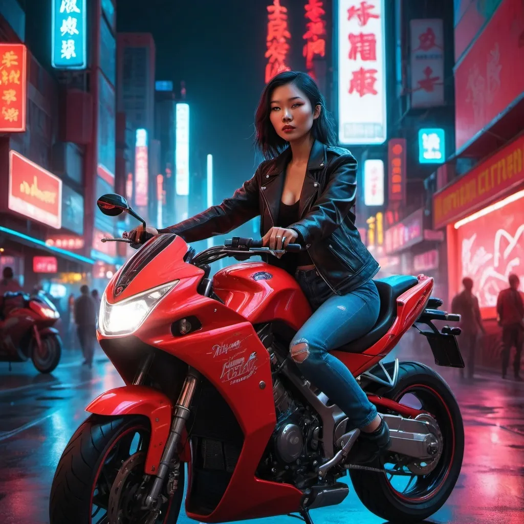 Prompt: asian woman on a red motorcycle in a city with neon lights and people in the background, with a red neon background, Cedric Seaut (Keos Masons), photorealism, rossdraws global illumination, cyberpunk art