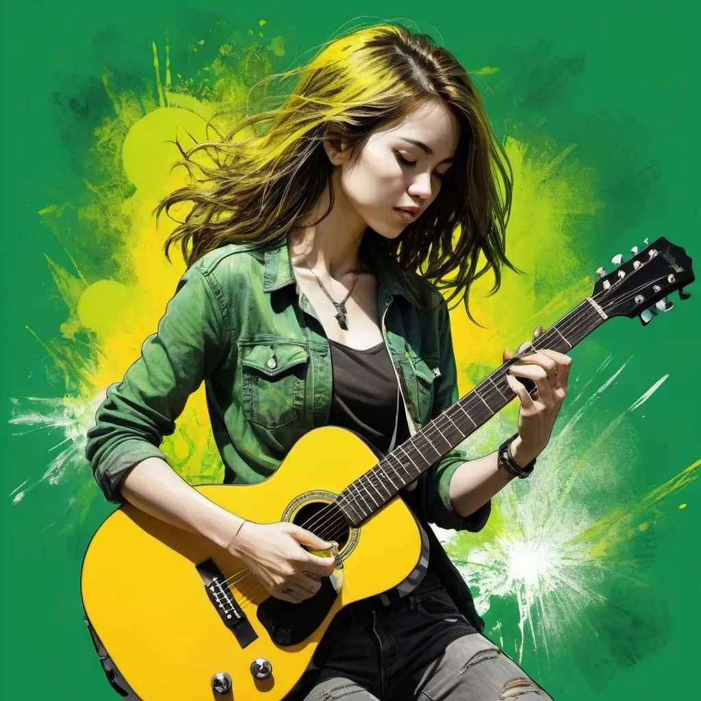 Prompt: a drawing of a Woman playing a guitar with a yellow background behind them and a green background behind them, Atey Ghailan, digital art, grunge, a manga drawing