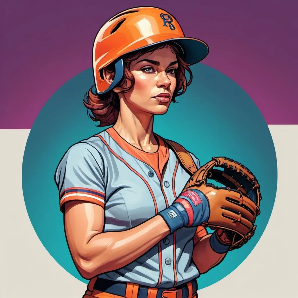 Prompt: a drawing of a woman with a helmet on her head and a hand on her hip, holding a baseball glove, Eve Ryder, feminist art, muscular, concept art