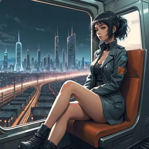Prompt: a woman sitting on a train seat with her legs crossed and her head tilted back, with a city in the background, Ai-Mitsu, retrofuturism, anime girl, cyberpunk art