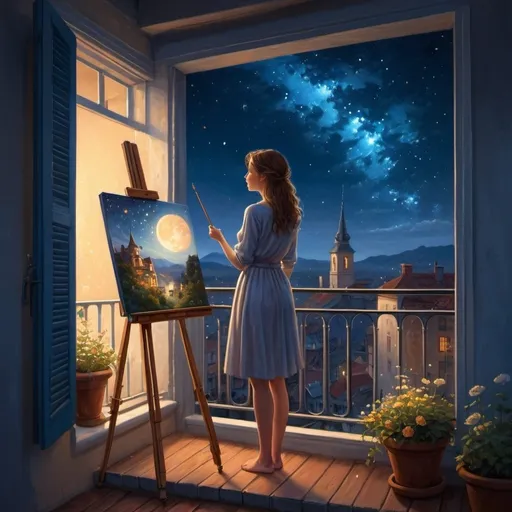 Prompt: a woman standing on a balcony looking at the night sky and stars above her, with a painting easel in front of her, Evgeny Lushpin, fantasy art, anime art, a detailed painting