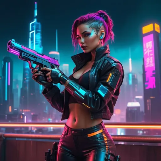 Prompt: a woman in a futuristic outfit holding a gun and a gun in her hand, with a sky background, Du Qiong, sots art, official art, cyberpunk art