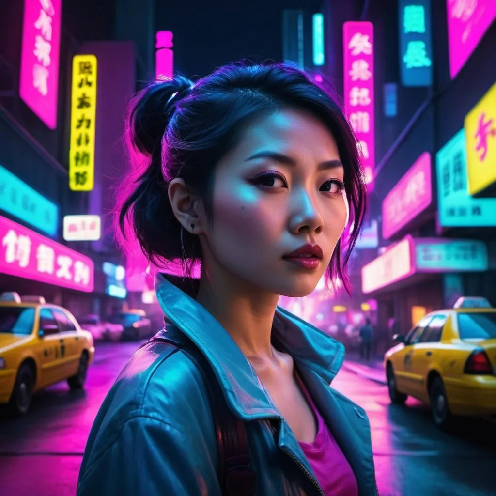 Prompt: a asian woman standing on a city street at night with a neon light on her head and a taxi cab behind her, Chen Lu, aestheticism, synthwave style, cyberpunk art