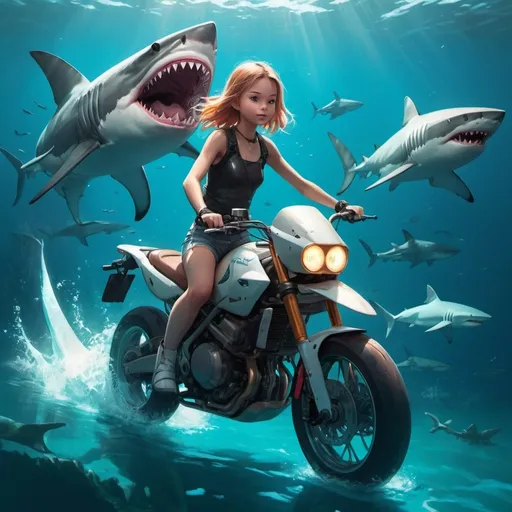 Prompt: a girl riding a motorcycle with a shark in the background and a shark swimming in the water behind her, Beeple, rayonism, anime art, a storybook illustration