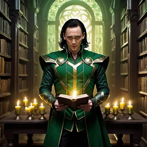 Prompt: Loki, the God of Mischief, stands in the middle of an ancient, mystical library, filled with towering shelves of forbidden knowledge. His green and gold armor gleams in the dim, flickering light of enchanted candles. In his hand, he holds an ancient, glowing tome with runes that pulse with untold power. His eyes sparkle with mischief and intelligence as he studies a complex spell, plotting his next cunning move. Around him, illusions of past and future selves swirl, each one a fragment of the many timelines he's manipulated. But in this moment, Loki isn't just a trickster; he's a master of the arcane, ready to bend reality itself to his will