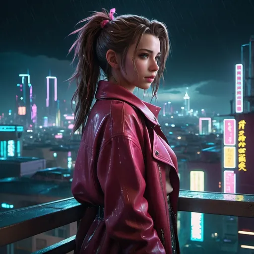 Prompt: Aerith Gainsborough standing on a balcony in a city at night with a cityscape in the background and a rain shower, Artgerm, retrofuturism, cyberpunk style, cyberpunk art