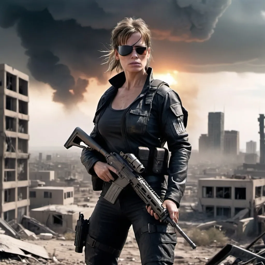 Prompt: Sarah Connor, the relentless warrior and protector of humanity, stands in a deserted, post-apocalyptic cityscape. Her face is hardened with determination, and her eyes scan the horizon for any signs of threat. Dressed in tactical gear, she grips a high-tech, modified rifle, its barrel still smoking from a recent encounter with a Terminator. Behind her, a group of survivors looks to her for guidance, trusting her experience and resolve. The sky above is a mix of ominous clouds and distant flashes of battle, but Sarah remains unfazed. In this moment, she embodies the spirit of resistance, a fierce guardian of the future, ready to take on any challenge to protect her son and the fate of humanity