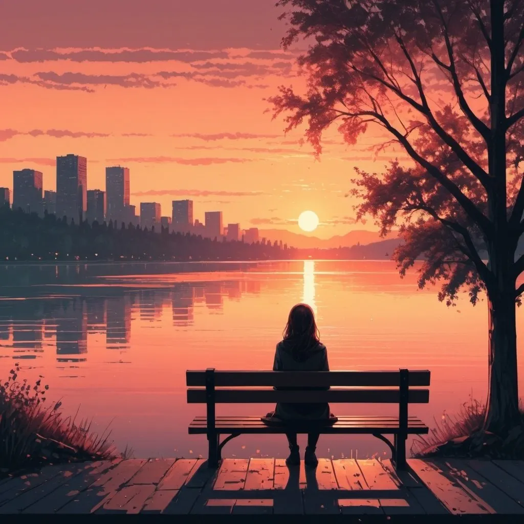 Prompt: a woman sitting on a bench looking at the sunset over a lake with trees and a city in the background, Alena Aenami, computer art, sunset, pixel art