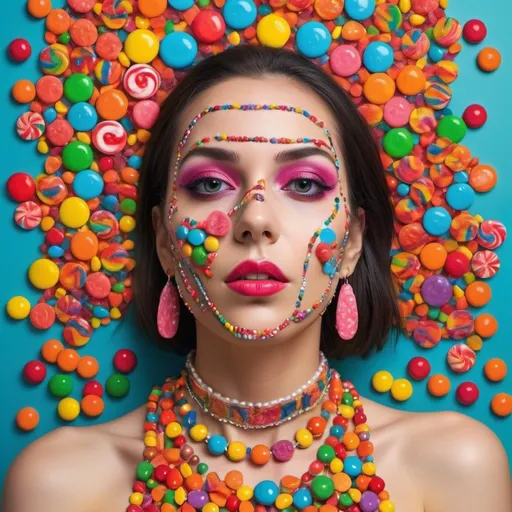 Prompt: a woman with a bunch of colorful candies on her face and a shirt on her chest and a mirror behind her, Beatrice Huntington, feminist art, jewelry, an album cover