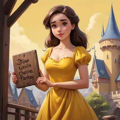 Prompt: a cartoon girl in a yellow dress holding a wooden sign with her hands on her chests and looking at the camera, disney, fantasy art, giantess art, a fine art painting