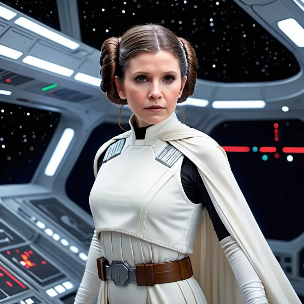 Prompt: Leia Organa, the legendary Princess of Alderaan and leader of the Rebel Alliance, stands at the helm of a sleek, futuristic starship. Her iconic white dress has been updated with tactical armor elements, blending elegance with strength. The galaxy's stars stretch out before her as she gazes determinedly at the holographic display of a distant planet, her next mission. The crew around her moves with precision, inspired by her calm authority. A lightsaber, a symbol of her hidden Jedi heritage, hangs at her side. In this moment, Leia is not just a princess or a general; she is the embodiment of hope and resilience, ready to lead the charge in a new era of the galaxy.