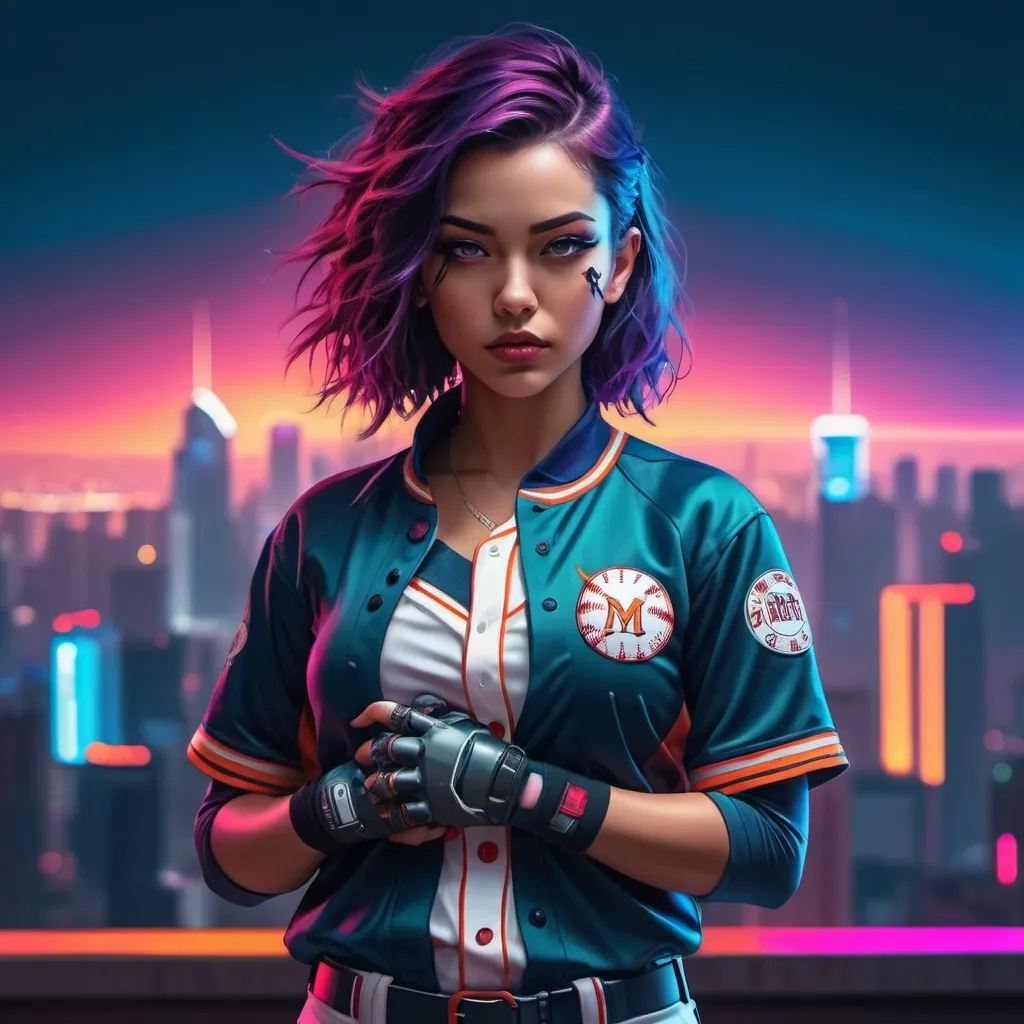 Prompt: a woman in a baseball uniform standing in front of a city skyline with her hands on her chest and a hat on, Artgerm, superflat, giantess art, cyberpunk art