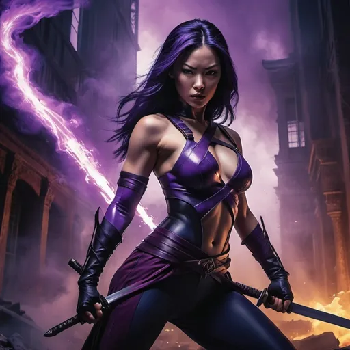 Prompt: Psylocke in a black and purple outfit holding a sword in a dark room with smoke and fire behind her and a building in the background, Aleksi Briclot, fantasy art, affinity photo, concept art