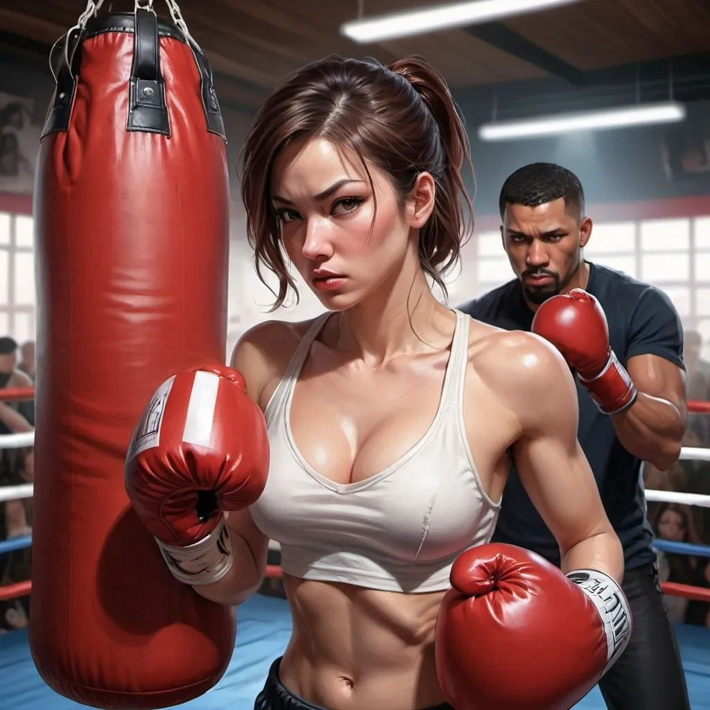 Prompt: a woman in a boxing ring with boxing gloves on her chest and a punching bag in her hand, with a man in the background, Artgerm, photorealism, stanley artgerm lau, concept art