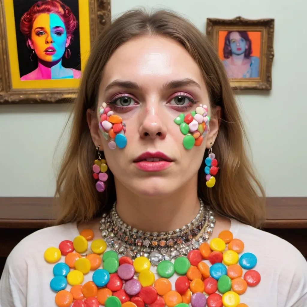 Prompt: a woman with a bunch of colorful candies on her face and a shirt on her chest and a mirror behind her, Beatrice Huntington, feminist art, jewelry, an album cover