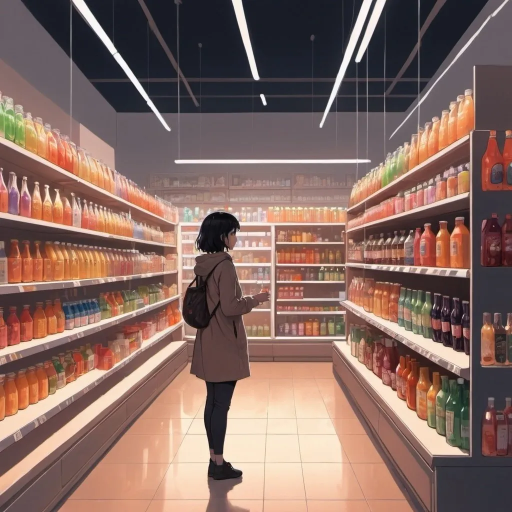 Prompt: a woman is standing in a store aisle looking at the shelves of drinks and juices on display in the store, Atey Ghailan, aestheticism, anime art, a manga drawing