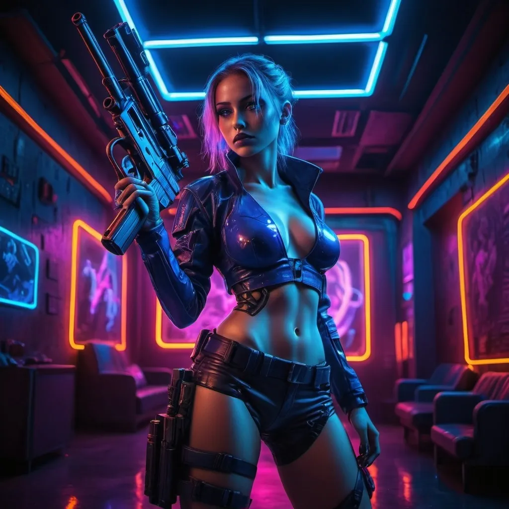 Prompt: a woman in a blue outfit holding a gun in a dark room with lights on the ceiling and a neon light behind her, Eve Ryder, fantasy art, cyberpunk style, cyberpunk art