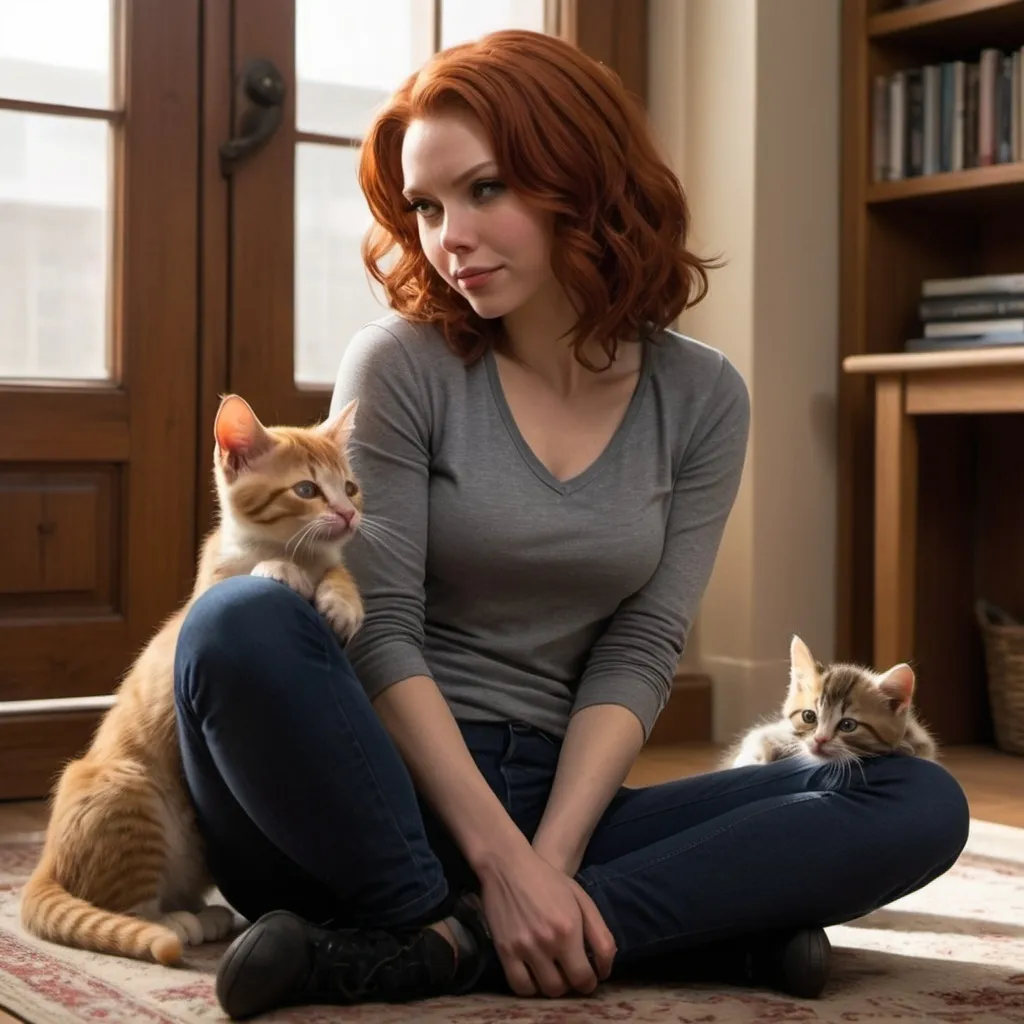 Prompt: Black Widow, usually known for her deadly precision and fearless demeanor, is taking a rare, quiet moment to herself. Dressed in a casual, comfy outfit instead of her usual tactical suit, Natasha Romanoff is sitting on the floor of a cozy living room, surrounded by an unexpected group of playful kittens. One kitten playfully bats at her iconic red hair, while another curls up in her lap, purring contentedly. Natasha smiles softly, her usually sharp eyes filled with warmth and affection. The sun filters through the windows, casting a golden glow over the scene, as she gently scratches behind a kitten's ear, momentarily letting down her guard to enjoy this peaceful, heartwarming moment