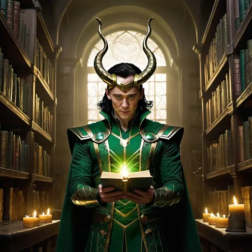 Prompt: Loki, the God of Mischief, stands in the middle of an ancient, mystical library, filled with towering shelves of forbidden knowledge. His green and gold armor gleams in the dim, flickering light of enchanted candles. In his hand, he holds an ancient, glowing tome with runes that pulse with untold power. His eyes sparkle with mischief and intelligence as he studies a complex spell, plotting his next cunning move. Around him, illusions of past and future selves swirl, each one a fragment of the many timelines he's manipulated. But in this moment, Loki isn't just a trickster; he's a master of the arcane, ready to bend reality itself to his will