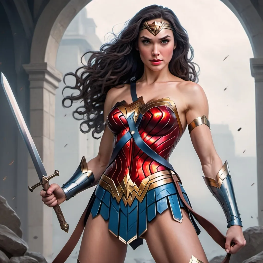 Prompt: Wonder Woman is holding a sword and posing for the camera with her arms outstretched and legs crossed, Artgerm, feminist art, masculine, concept art