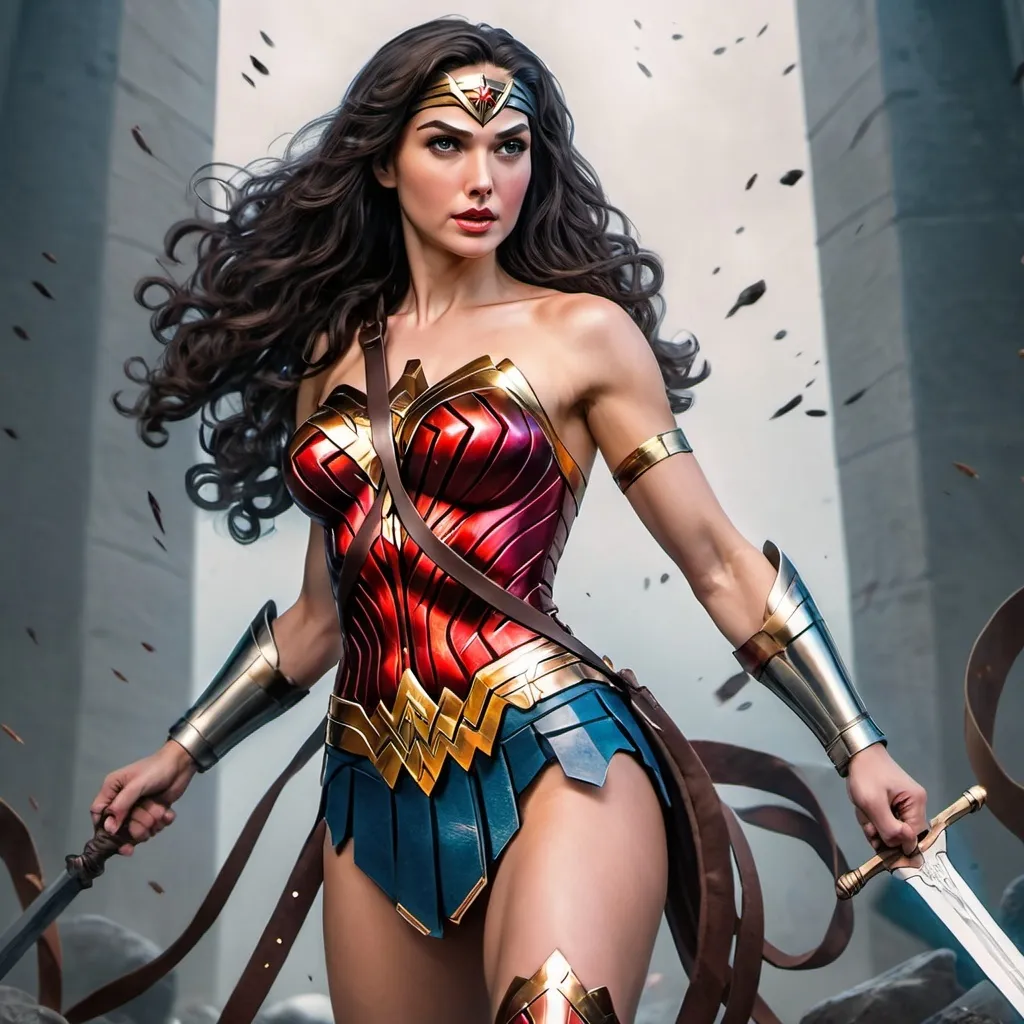 Prompt: Wonder Woman is holding a sword and posing for the camera with her arms outstretched and legs crossed, Artgerm, feminist art, masculine, concept art