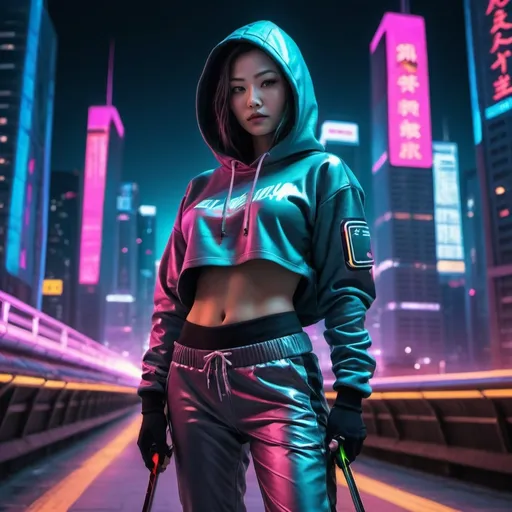 Prompt: a woman with a hoodie and ski pants on posing for a picture with skis on her stomach, Fan Qi, neogeo, cyberpunk style, cyberpunk art