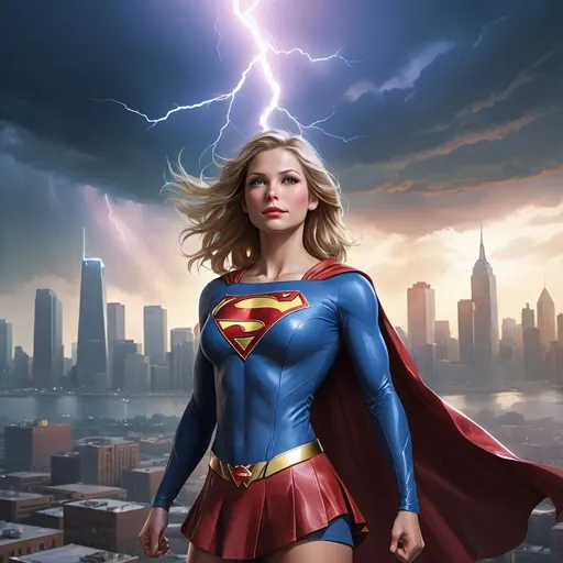 Prompt: Supergirl standing in front of a city skyline with clouds and lightning in the background, Artgerm, superflat, stanley artgerm lau, a comic book panel