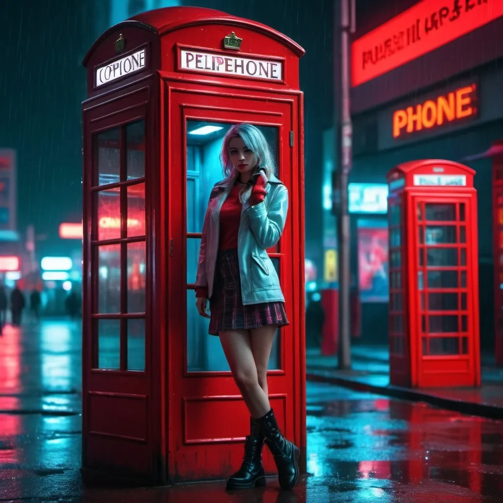 Prompt: a woman in a short skirt and boots standing in front of a red phone booth with a red phone, Alice Prin, neogeo, cosplay, cyberpunk art