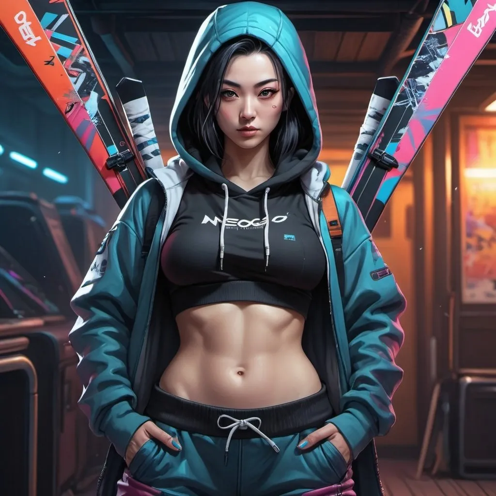 Prompt: a woman with a hoodie and ski pants on posing for a picture with skis on her stomach, Fan Qi, neogeo, cyberpunk style, cyberpunk art