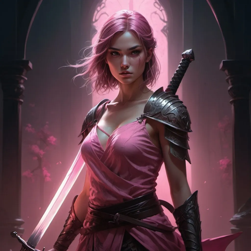 Prompt: a woman with a sword standing in a dark room with a pink light on her face and a pink light on her chest, Charlie Bowater, fantasy art, yukito kishiro, concept art