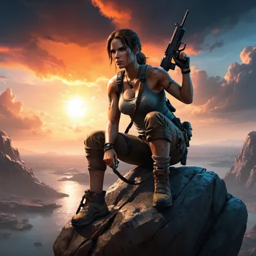 Prompt: Lara croft with guns sitting on a rock in front of a sun and clouds background with a gun in her hand, Aleksi Briclot, rayonism, key art, cyberpunk art