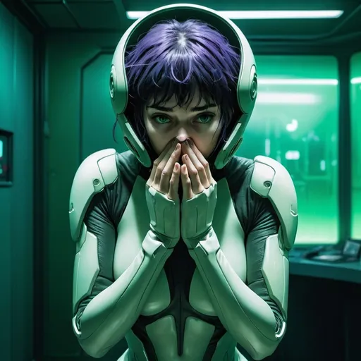 Prompt: a woman in a futuristic suit covering her face with her hands and covering her mouth with her hands, in a green room, Cedric Peyravernay, les automatistes, ghost in the shell, cyberpunk art