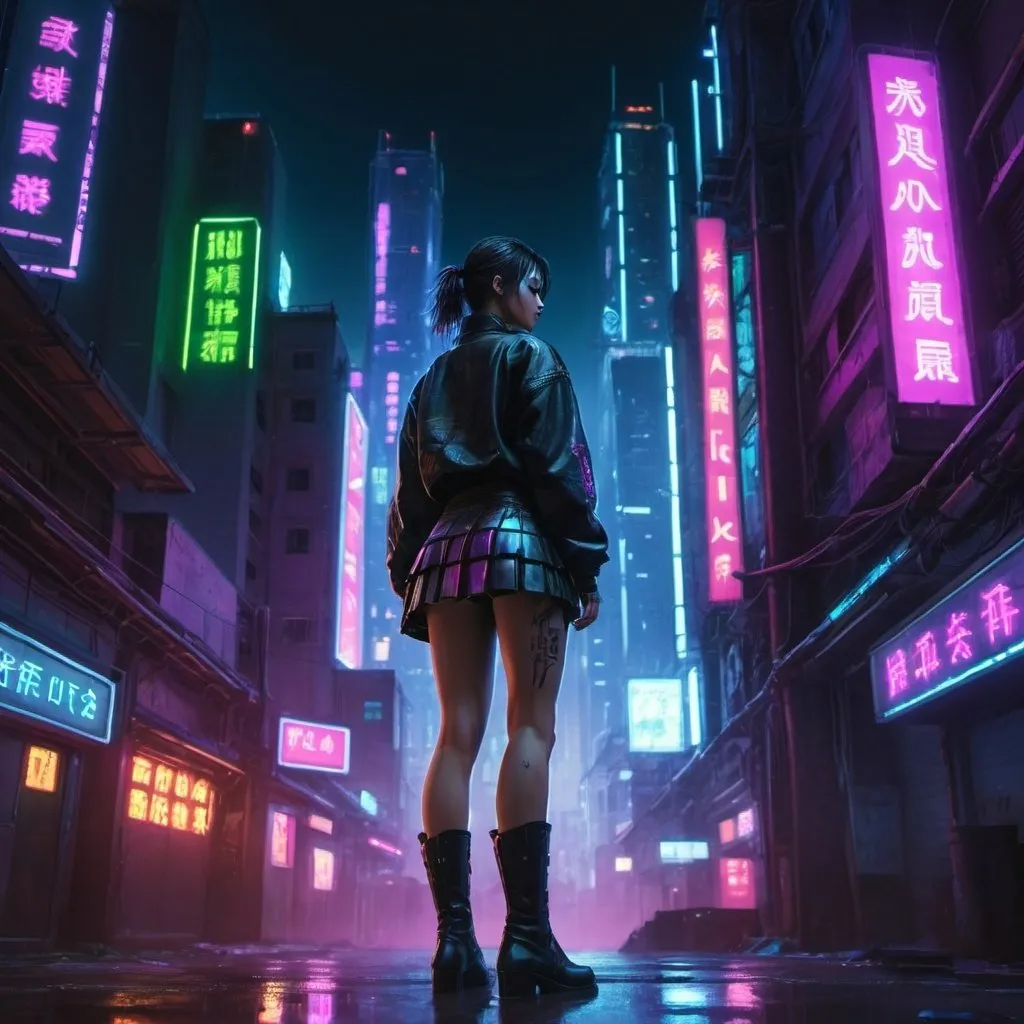 Prompt: a woman in a short skirt and boots standing in a city at night with neon lights on the buildings, Ai-Mitsu, neo-figurative, cyberpunk style, cyberpunk art