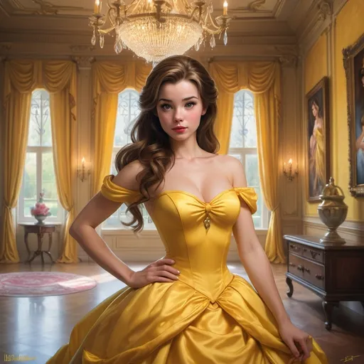 Prompt: Disney Belle in a yellow dress is posing for a picture in a palace room with a chandelier, Artgerm, fantasy art, stanley artgerm lau, a photorealistic painting