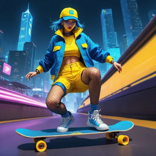 Prompt: a woman in a yellow and blue outfit is on a skateboard and is wearing a blue hat and a blue jacket, fishnet stockings Artgerm, rayonism, anime visual, cyberpunk art
