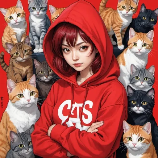 Prompt: a woman surrounded by cats and cats in a cartoon style, with a red shirt on and a red hoodie on, Ayami Kojima, furry art, yukito kishiro, poster art