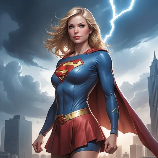 Prompt: Supergirl standing in front of a city skyline with clouds and lightning in the background, Artgerm, superflat, stanley artgerm lau, a comic book panel