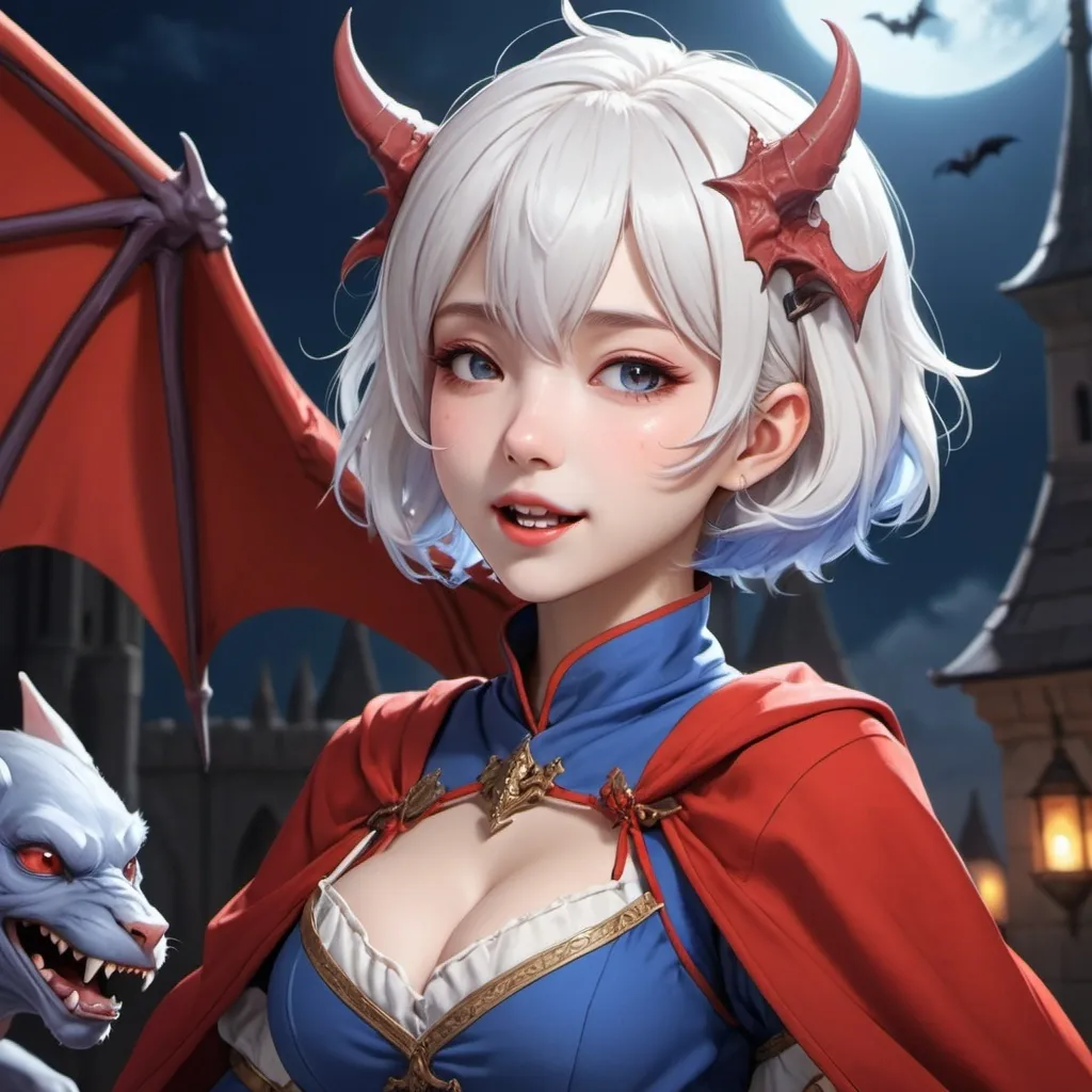 Prompt: a female anime character in a red and blue outfit, medieval, by Kim Du-ryang, featured on amiami, bite, real bats, girl with short white hair, licking, streaming on twitch, gargoyles, delicacy