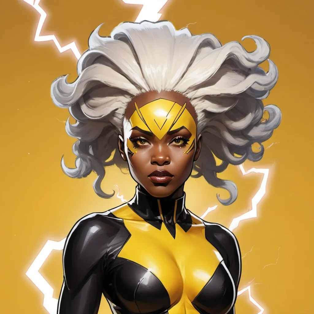 Prompt: X-Men Storm in a black and yellow outfit with a lightning bolt on her head and a yellow background with a yellow background, Chinwe Chukwuogo-Roy, afrofuturism, storm, concept art