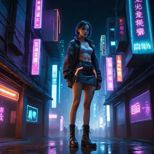 Prompt: a woman in a short skirt and boots standing in a city at night with neon lights on the buildings, Ai-Mitsu, neo-figurative, cyberpunk style, cyberpunk art