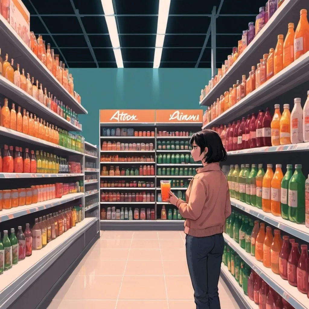 Prompt: a woman is standing in a store aisle looking at the shelves of drinks and juices on display in the store, Atey Ghailan, aestheticism, anime art, a manga drawing