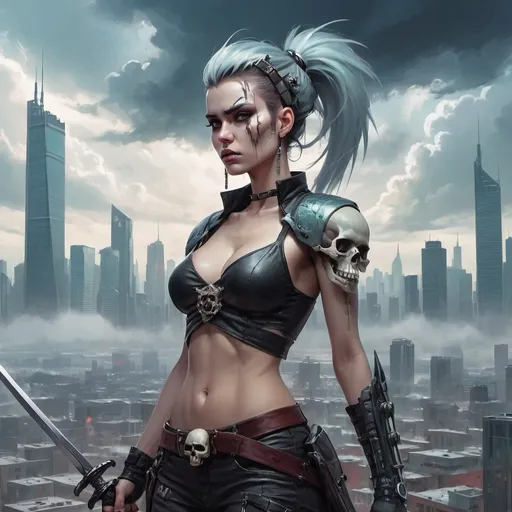 Prompt: a woman with a sword and a skull on her head is standing in front of a city skyline with a cloudy sky, Artgerm, fantasy art, biopunk, cyberpunk art