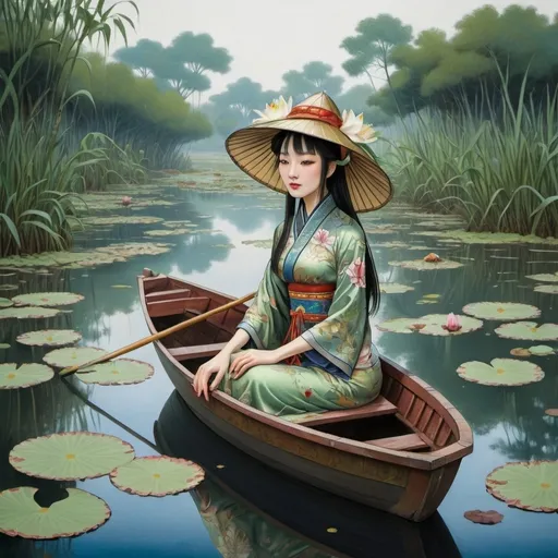 Prompt: a woman sitting in a boat in a swamp filled with lily pads and a hat on her head,, Fan Qi, cloisonnism, anime art, a detailed painting