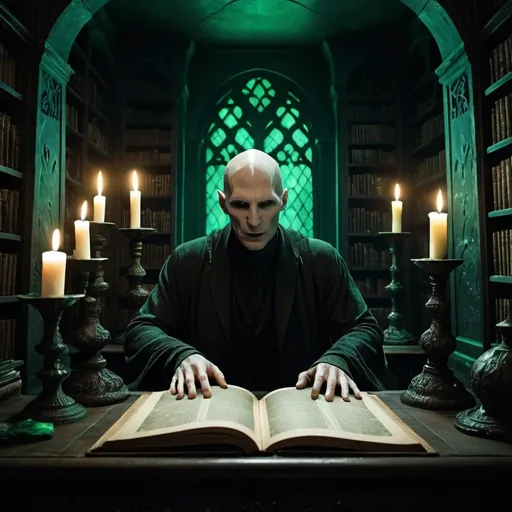 Prompt: Lord Voldemort stands alone in the dimly lit chamber of his hidden lair, surrounded by towering, ancient bookshelves filled with forbidden tomes and dark artifacts. His pale, snake-like face is illuminated by the eerie, green glow of a flickering, enchanted candle. He gazes intently at a mystical, arcane map spread out before him on a grand, ornate desk, his long, slender fingers tracing dark, serpentine symbols. The shadows around him seem to dance with a life of their own, reflecting his dark and formidable presence. Despite his fearsome reputation, there's a moment of intense focus and cold calculation as he contemplates his next move. In this shadowy, foreboding setting, Voldemort's mastery of dark magic and his unwavering ambition are palpable, creating an atmosphere of chilling power and menace