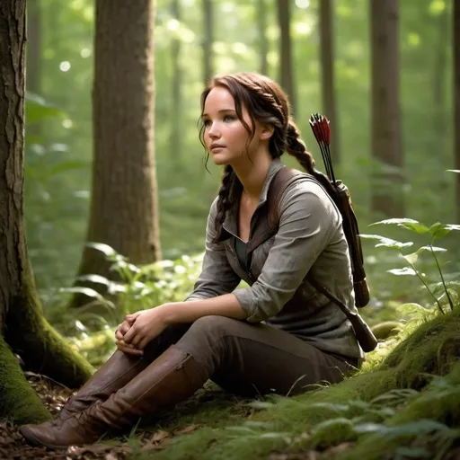 Prompt: Katniss Everdeen, the Girl on Fire, is enjoying a rare moment of tranquility in the lush forest she once called home. Dressed in simple, comfortable clothing, she sits on a soft patch of grass with her bow resting by her side. A gentle breeze rustles the leaves above, and the sunlight filters through the trees, casting dappled light on the forest floor. Beside her, a small fawn nuzzles her hand, sensing her calm and kind nature. Katniss smiles, a soft, genuine expression that contrasts with the fierce determination she’s known for. In this peaceful moment, she’s not a symbol of rebellion or a warrior, but just a young woman reconnecting with the nature and simplicity she cherishes