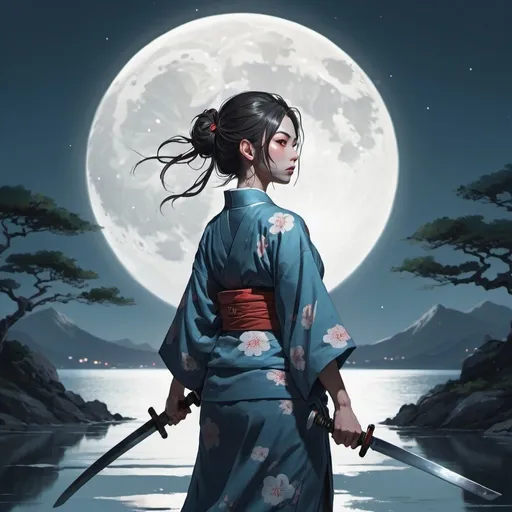 Prompt: a woman in a kimono holding two swords in front of a full moon and water scene with a full moon in the background, Atey Ghailan, sots art, official art, a manga drawing