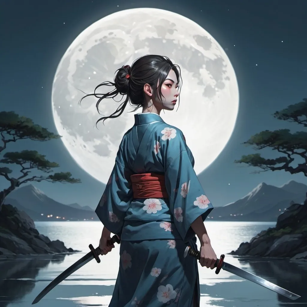 Prompt: a woman in a kimono holding two swords in front of a full moon and water scene with a full moon in the background, Atey Ghailan, sots art, official art, a manga drawing
