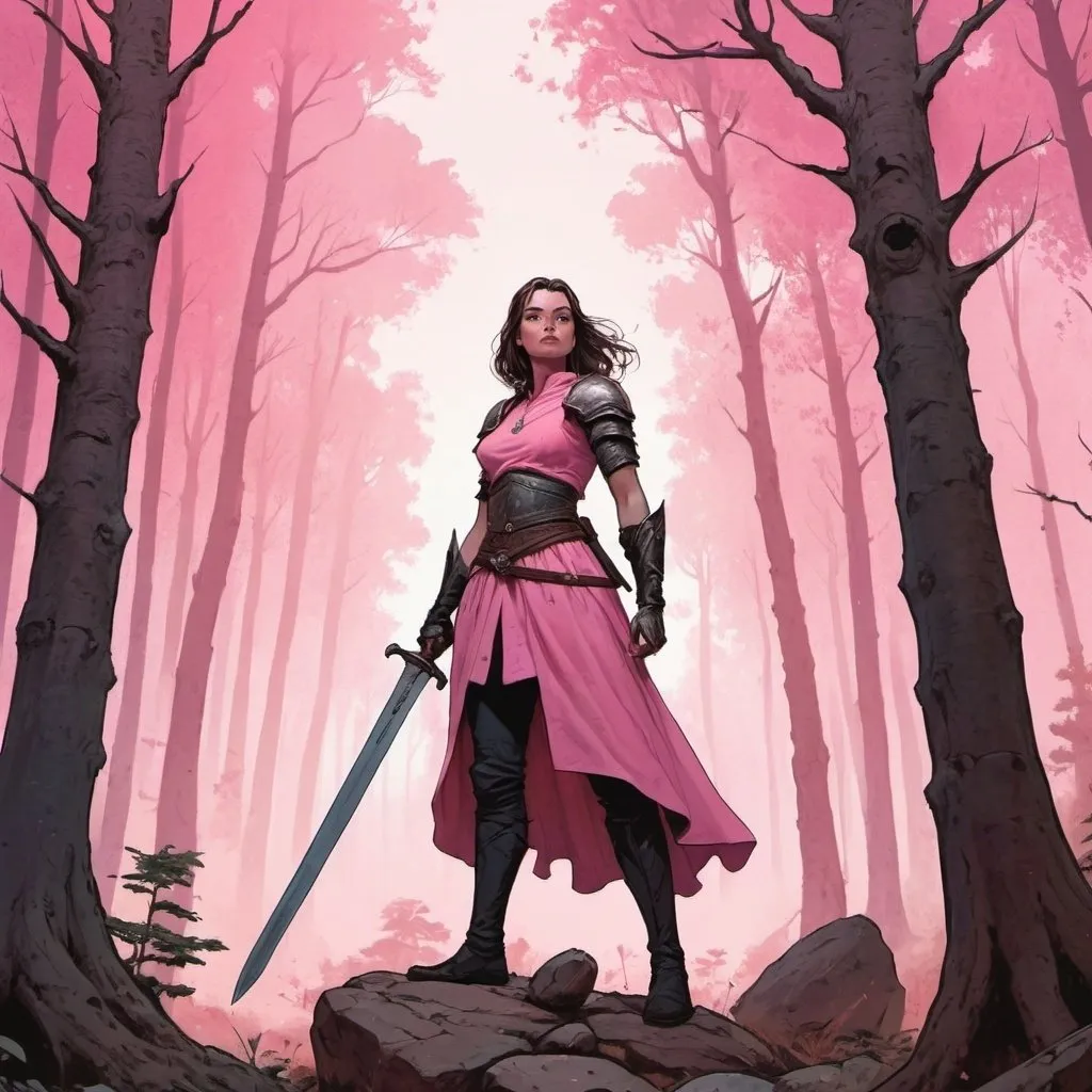 Prompt: a woman standing in a forest with a sword in his hand and a pink background with trees and rocks, Anato Finnstark, fantasy art, comic cover art, a comic book panel