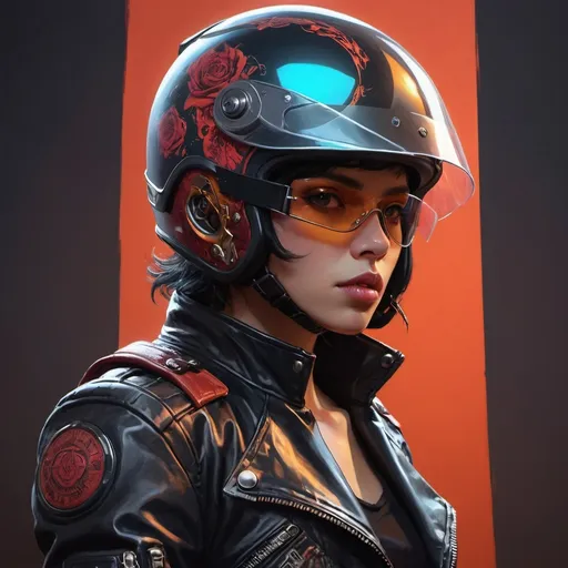 Prompt: a drawing of a person with a motorcycle helmet on and a jacket on and a helmet on his head, Eve Ryder, vanitas, sakimi chan, concept art